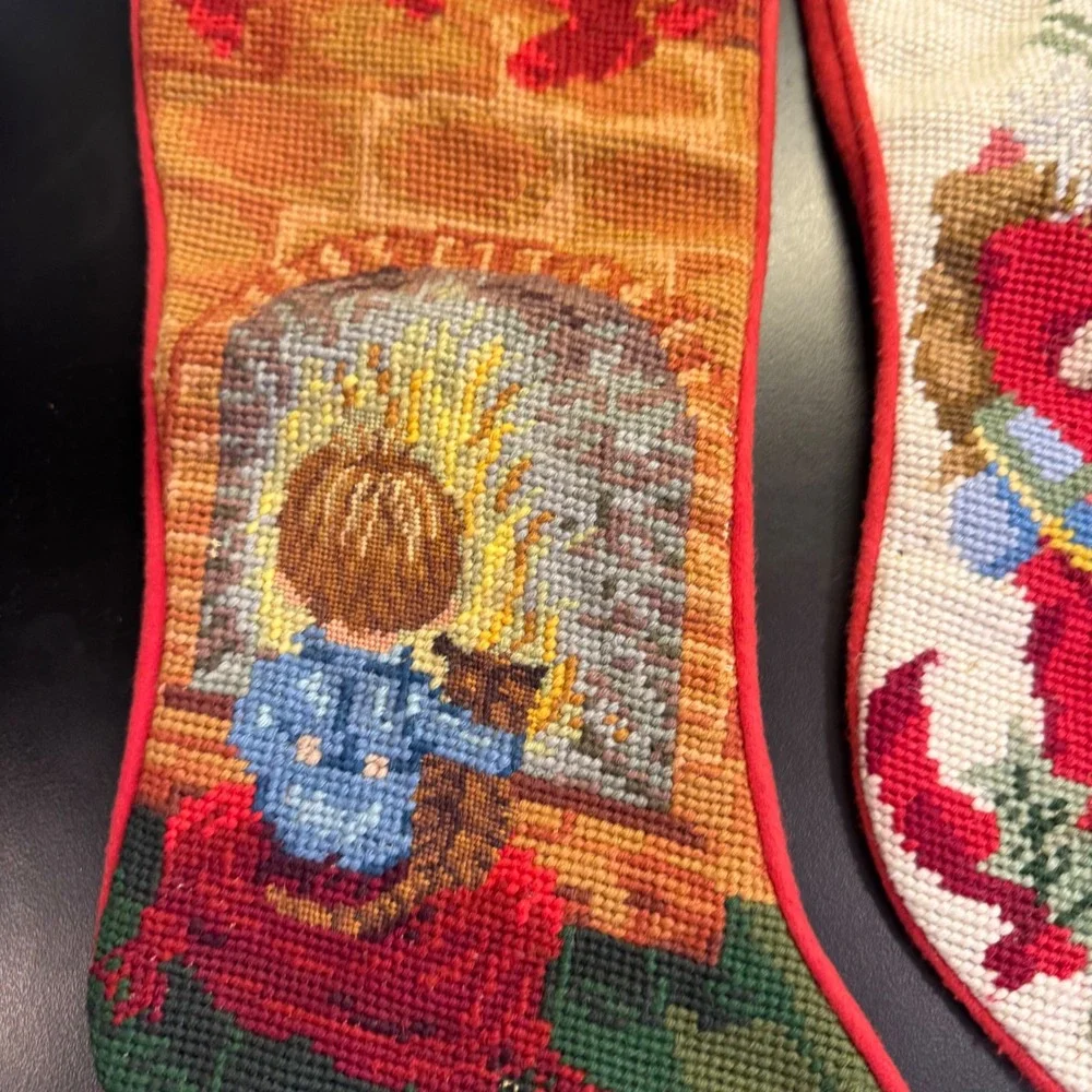 Vintage Christmas Stocking Set Multicolor Needlepoint Santa Fireplace 2pc